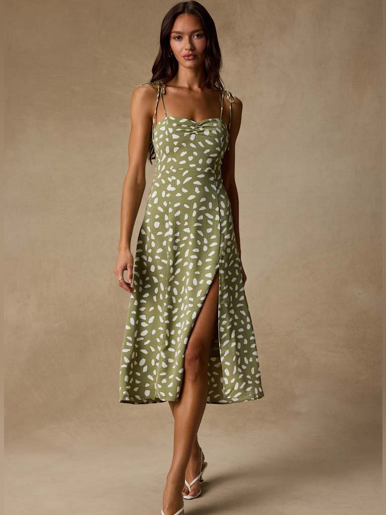 Nwt Lulus Party In Paris Sage Green Print Tie-Strap Midi Dress